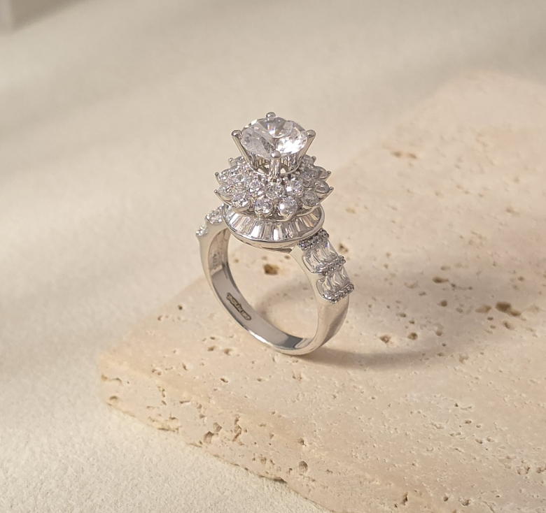 Nhẫn Chủ 2 Tầng Hoa Tấm Tròn Baguette Italy