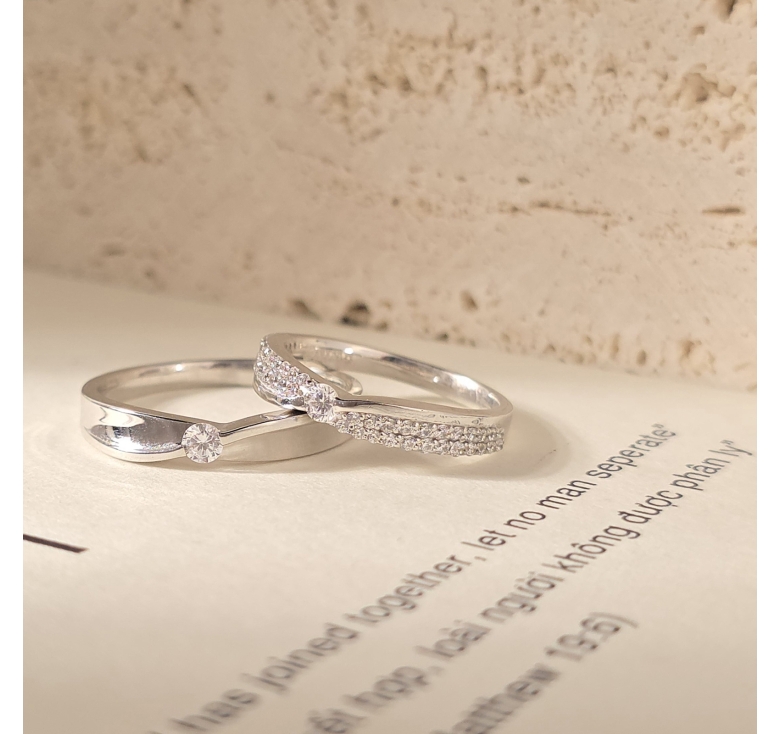 Nhẫn 1h Xéo Nổi Trơn +  Nhẫn Kết Tấm Italy 