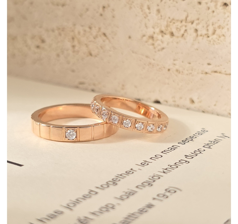 Nhẫn 1h Khúc Vuông Trơn Hồng + Nhẫn Khúc Vuông Tấm Italy